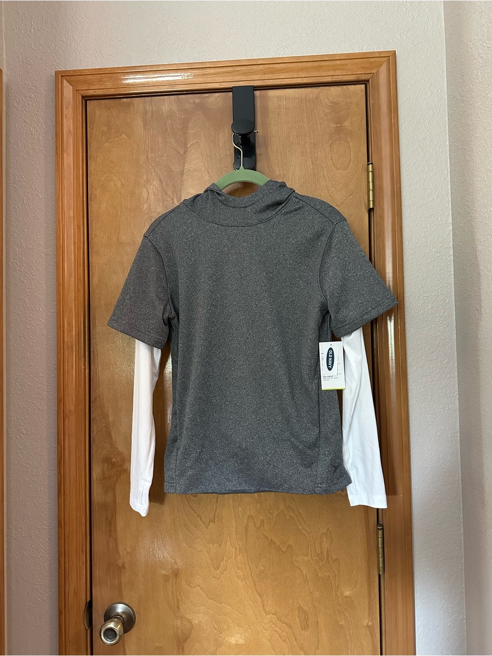 Old Navy 10-12 Gray Layered-Look 2 in 1 Go Dry Hooded Tee with White Sleeves